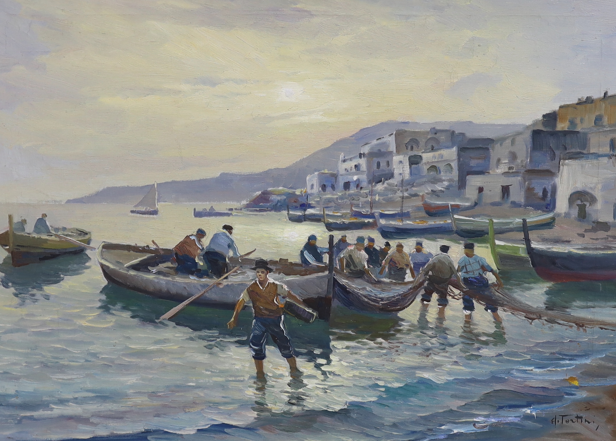 Tortini, impressionist oil on canvas, Harbour scene with figures and fishing boats, signed, 50 x 70cm